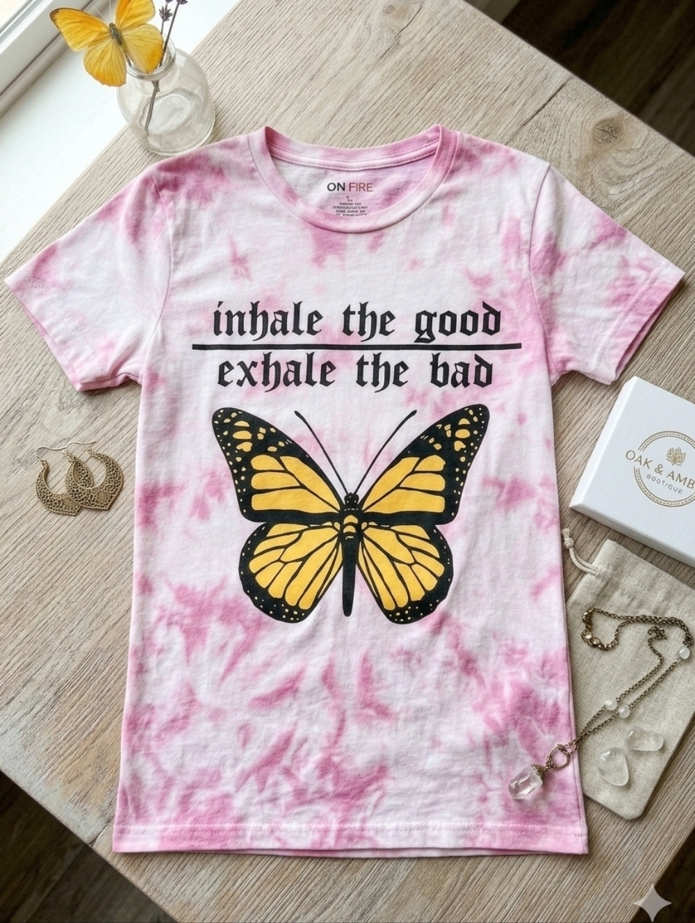 ON FIRE Pink Tie Dye Butterfly Graphic Casual T-shirt Crewneck Women’s Top